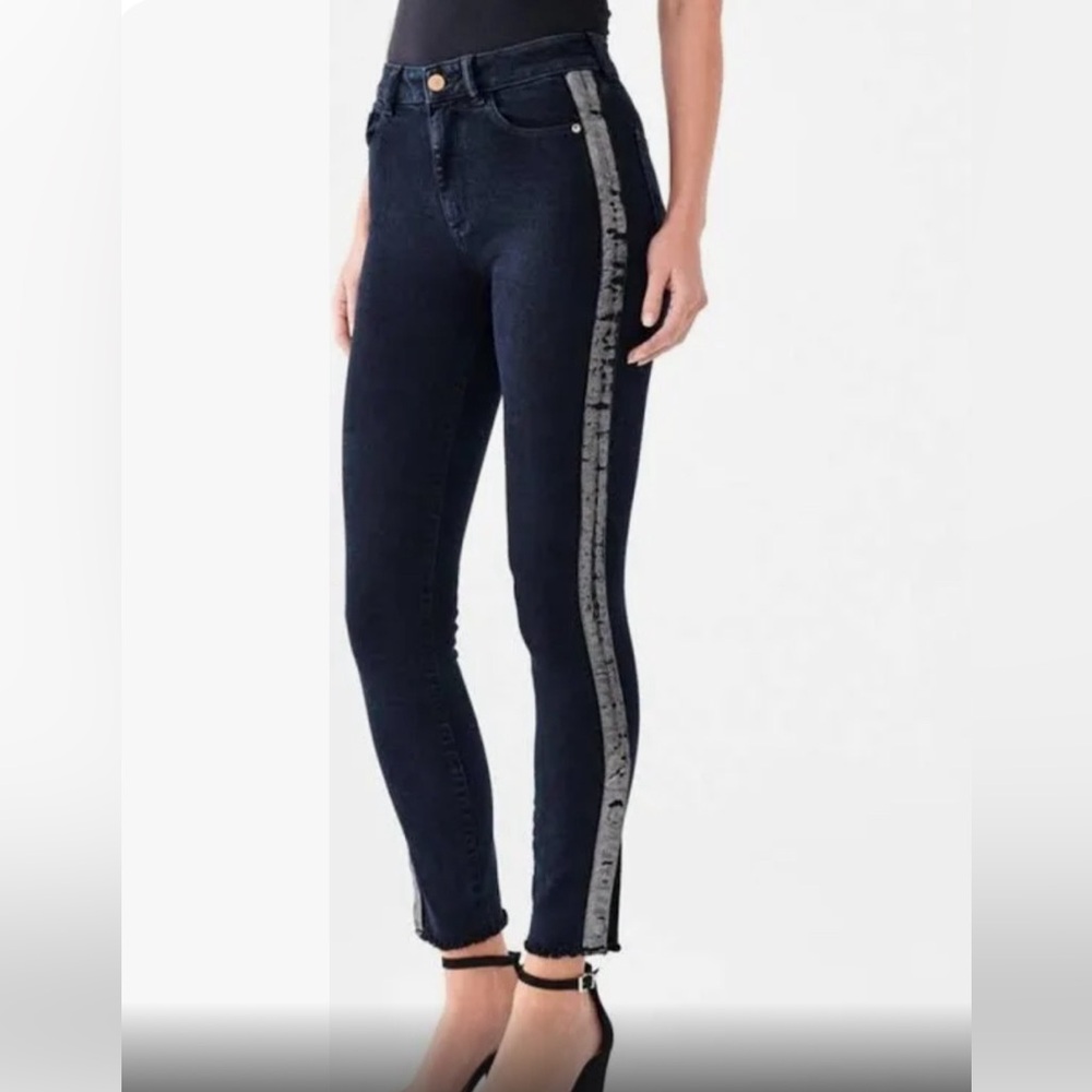 DL1961 Farrow Instasculpt Black Skinny Jeans with Silver Side Stripe Size 29